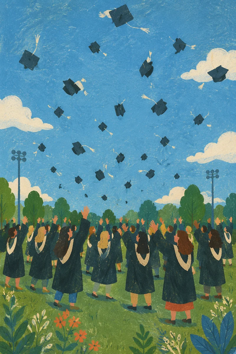 Joyful Graduation Caps Flying Over Campus Lawn