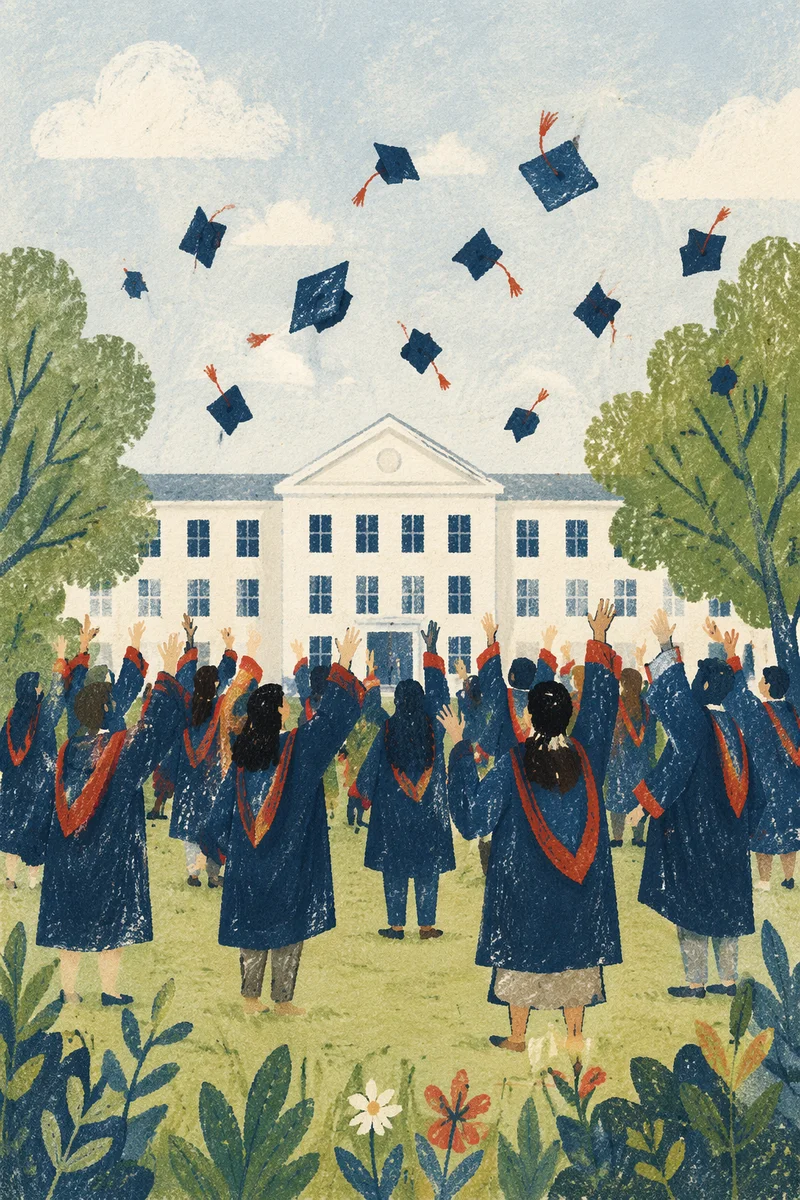 Graduation Cap Celebration on Campus Lawn
