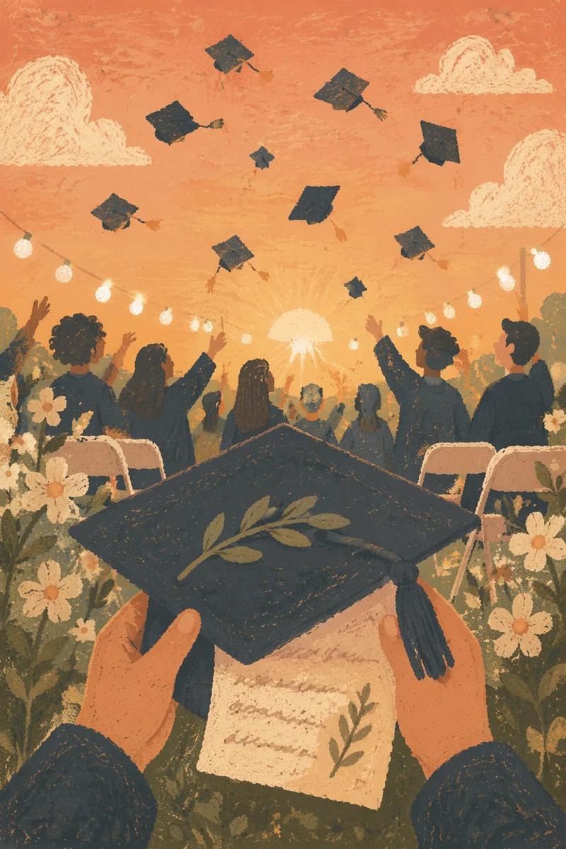 Golden Hour Graduation Caps in Garden Courtyard