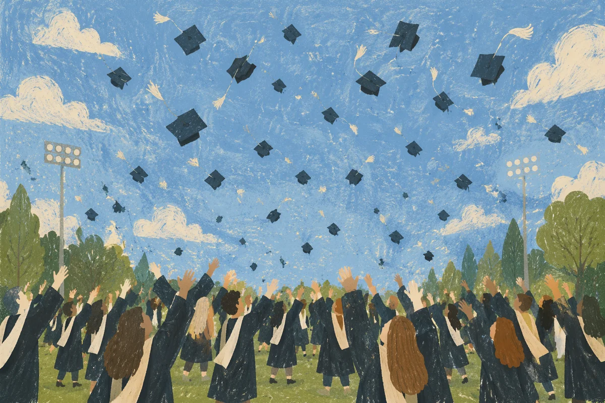 Joyful Graduation Caps Flying Over Campus