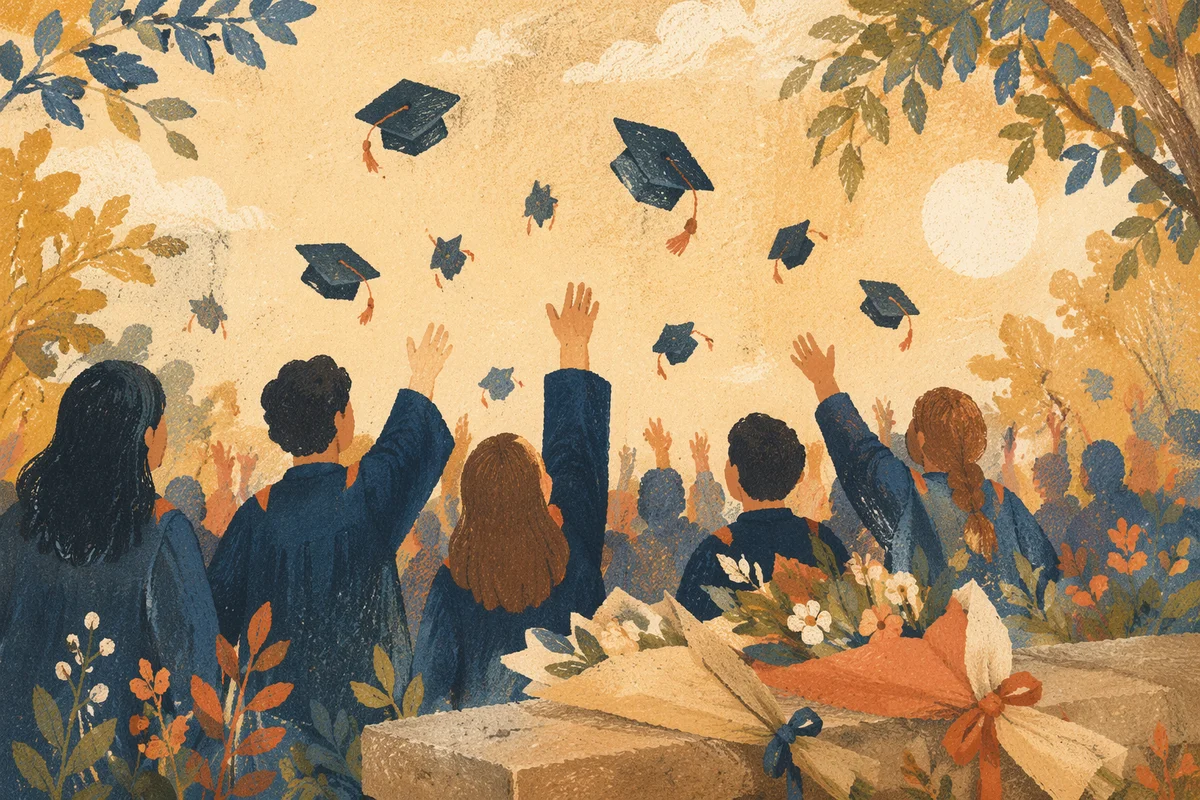 Graduation Caps Tossed in Sunlit Courtyard