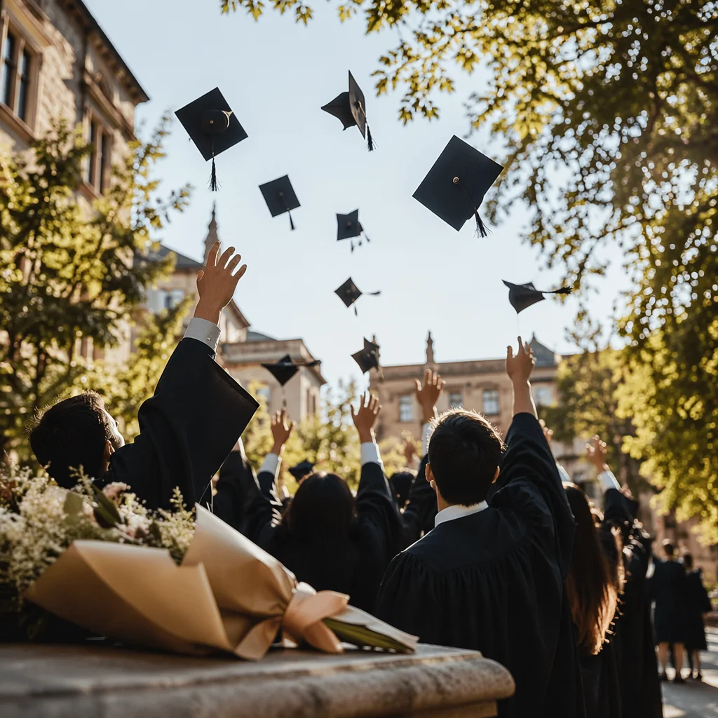 Graduation Caps Tossed in Golden Courtyard