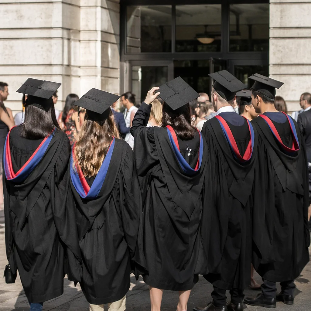 Graduates Celebrating Outside Modern Campus Hall
