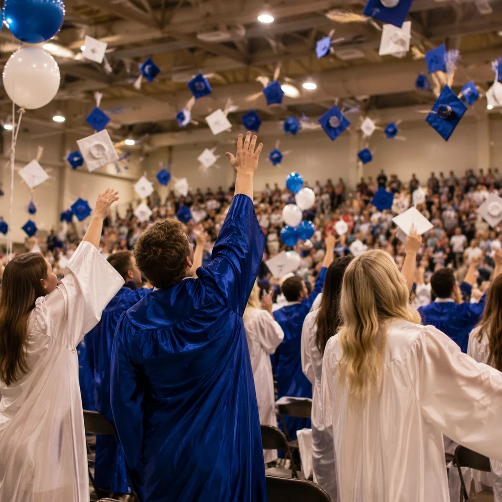 Joyful Blue Graduation Cap Toss Celebration