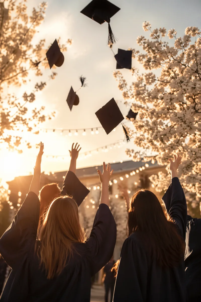 Graduation Caps Tossed at Golden Sunset