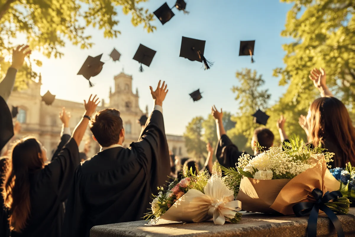 Graduation Caps Tossed in Golden Courtyard