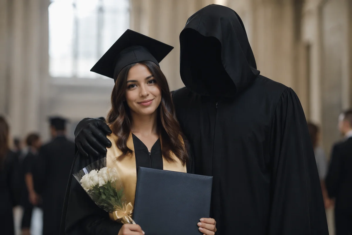 Bittersweet Graduation Ceremony With Shadowed Companion