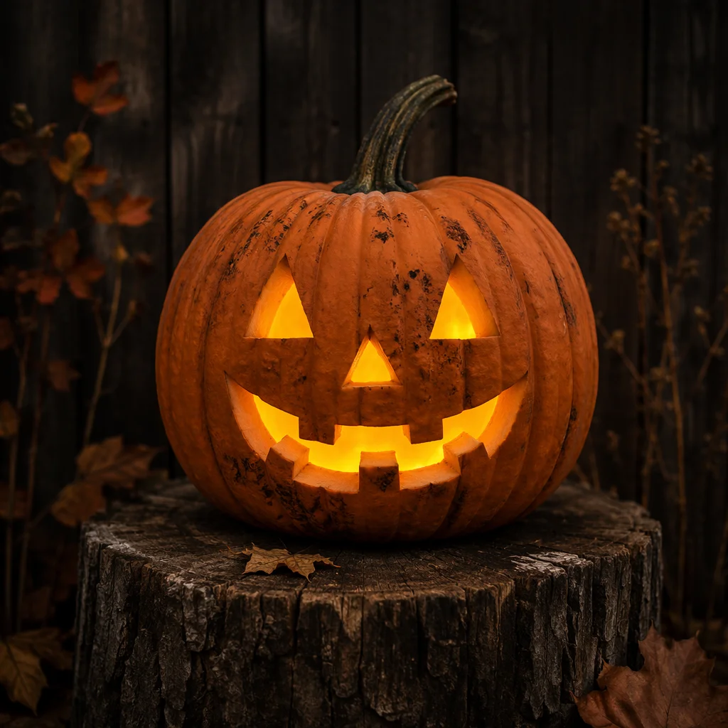 Glowing Jack O Lantern on Rustic Stump