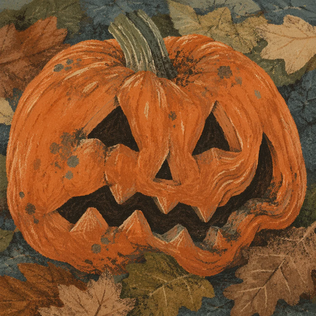 Weathered Carved Pumpkin on Autumn Leaves