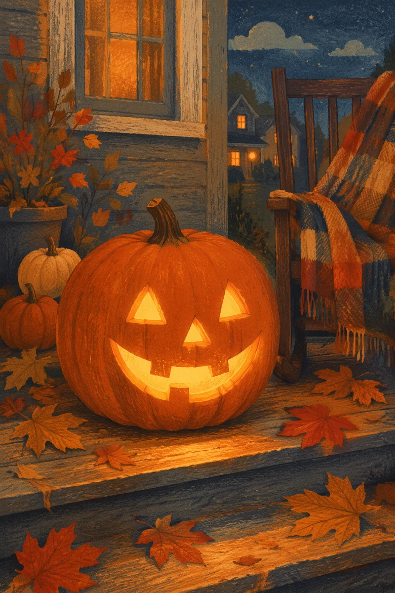 Glowing Jack O Lantern on Autumn Porch