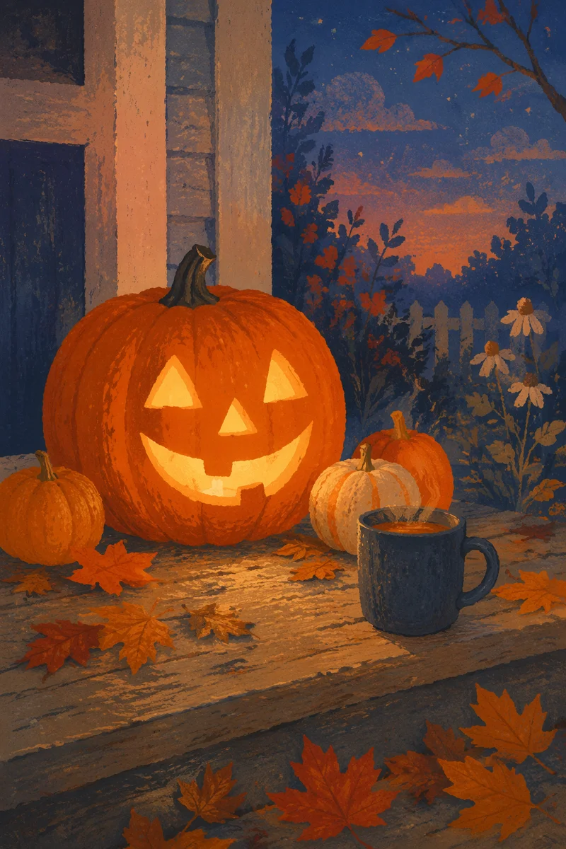 Glowing Jack O Lantern on Autumn Porch