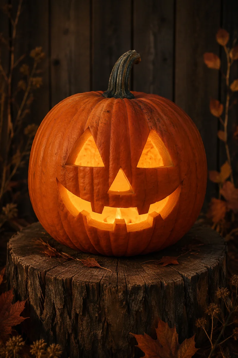 Glowing Jack O Lantern on Tree Stump