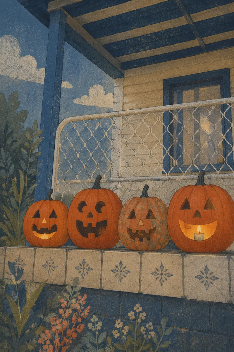 Carved Halloween Pumpkins on Dusk Porch