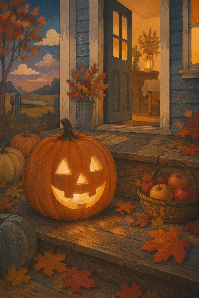 Cozy Carved Pumpkin on Autumn Porch