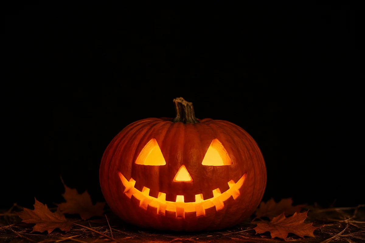 Glowing Carved Halloween Pumpkin on Black