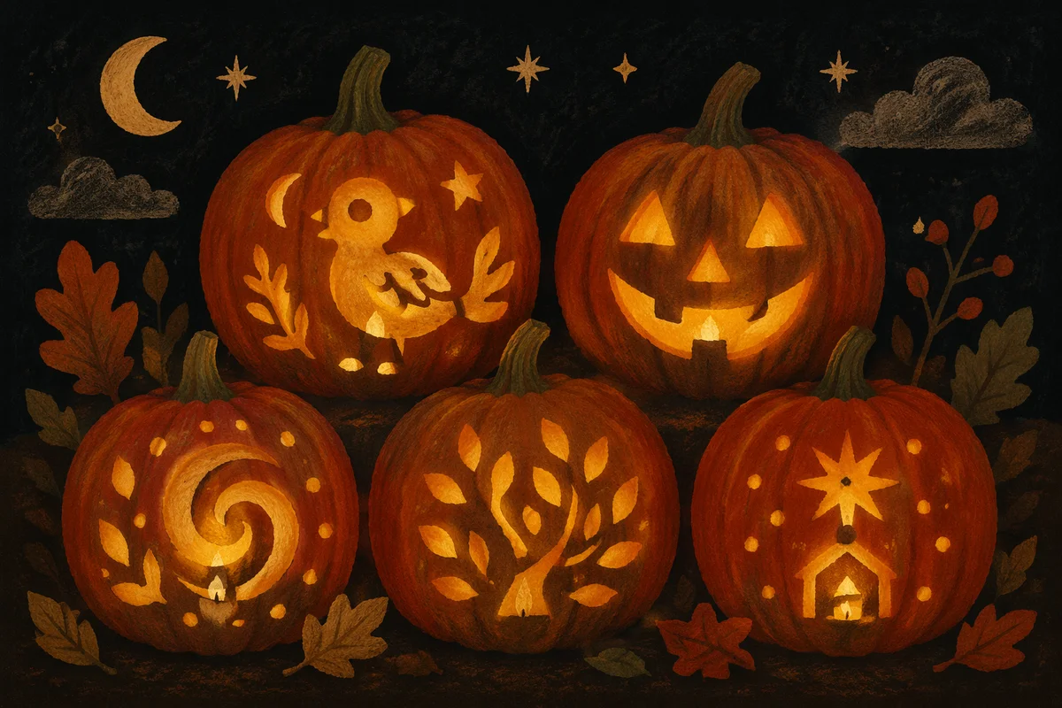 Glowing Hand Carved Halloween Pumpkins at Night