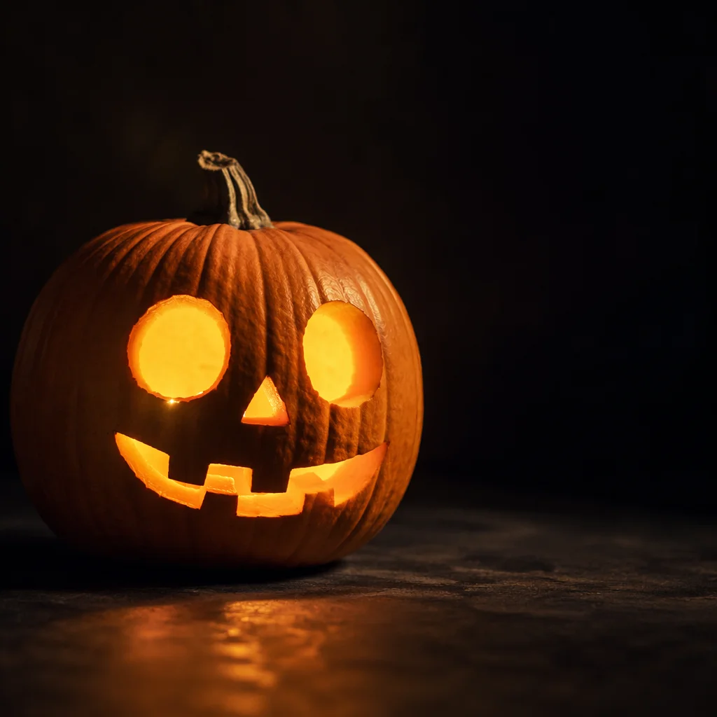 Glowing Carved Halloween Pumpkin on Dark Table