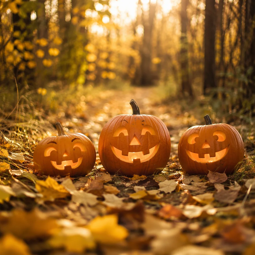 Cheerful Jack O Lanterns on Autumn Path
