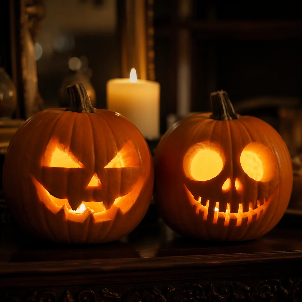 Glowing Jack O Lanterns on Dark Mantel