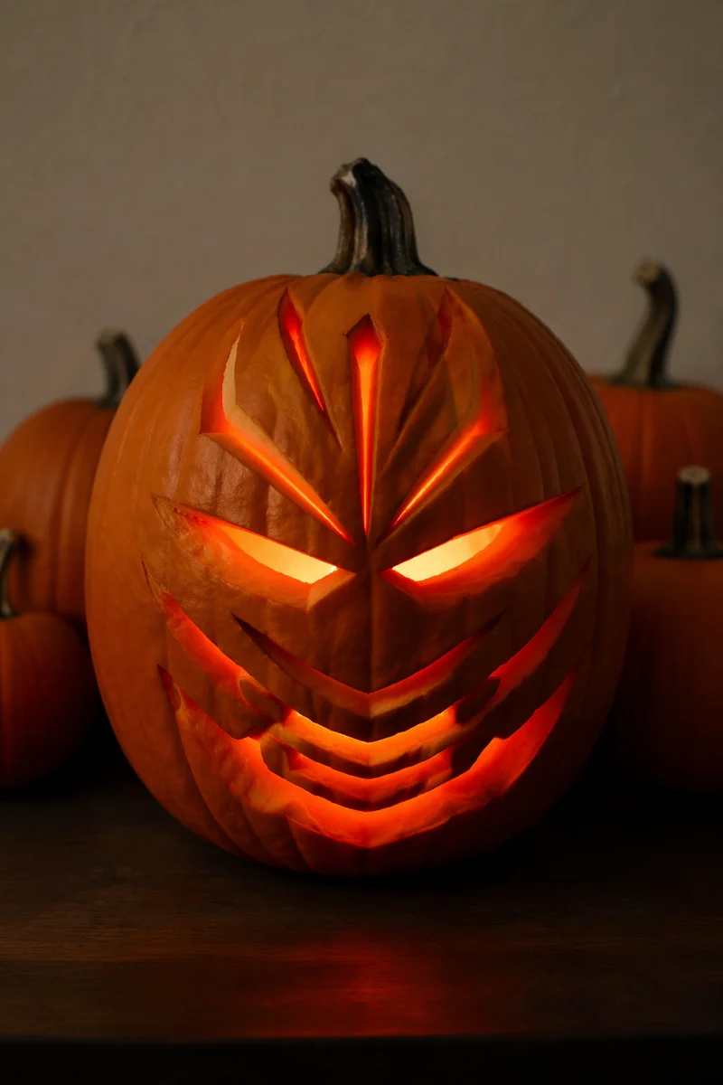 Glowing Carved Jack-O-Lantern Pumpkin Close-Up