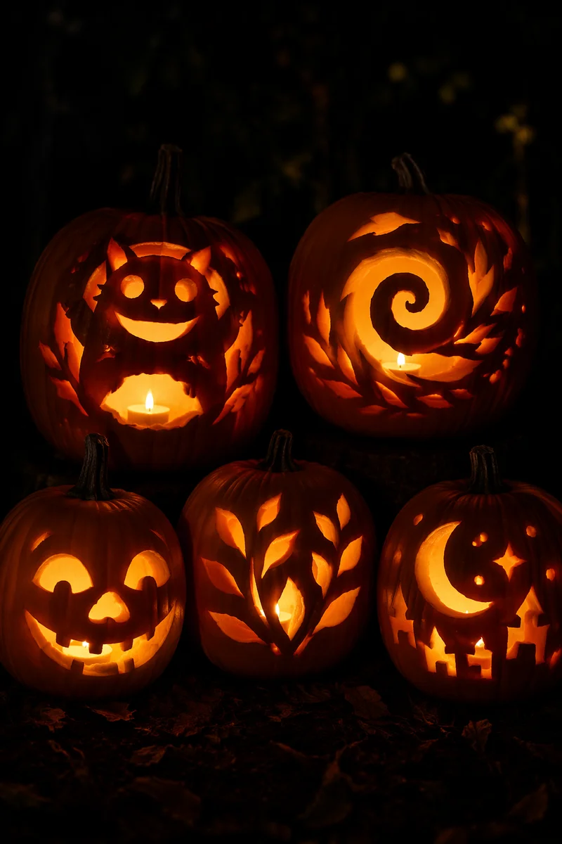 Glowing Carved Halloween Pumpkins at Night
