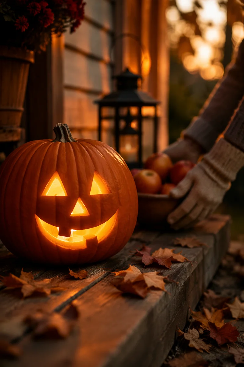 Warm Jack O Lantern on Autumn Porch