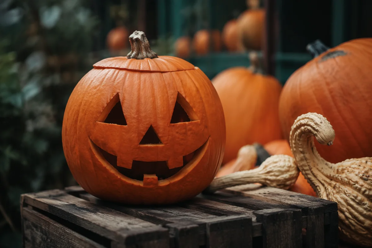 Carved Halloween Pumpkin on Rustic Wooden Crate
