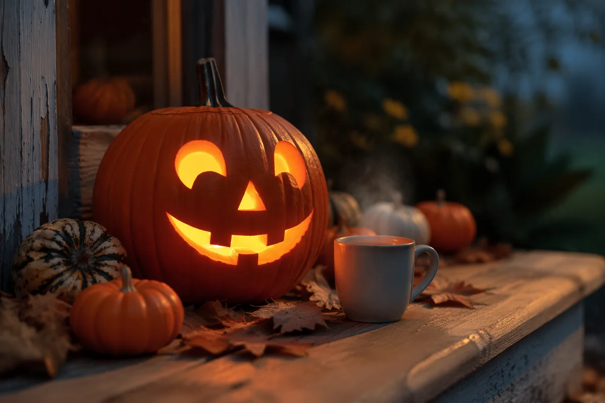 Glowing Jack O Lantern on Autumn Porch