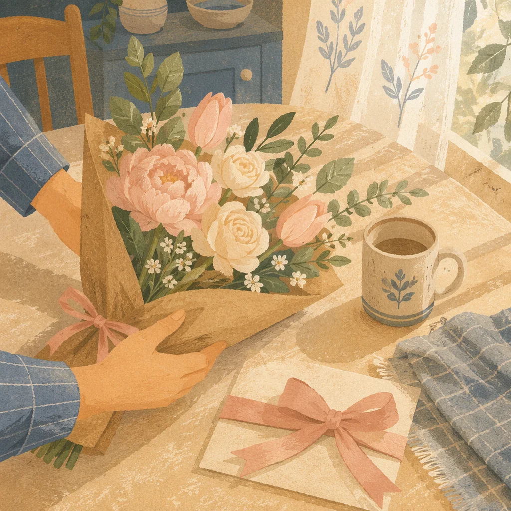 Mothers Day Bouquet on Sunlit Breakfast Table