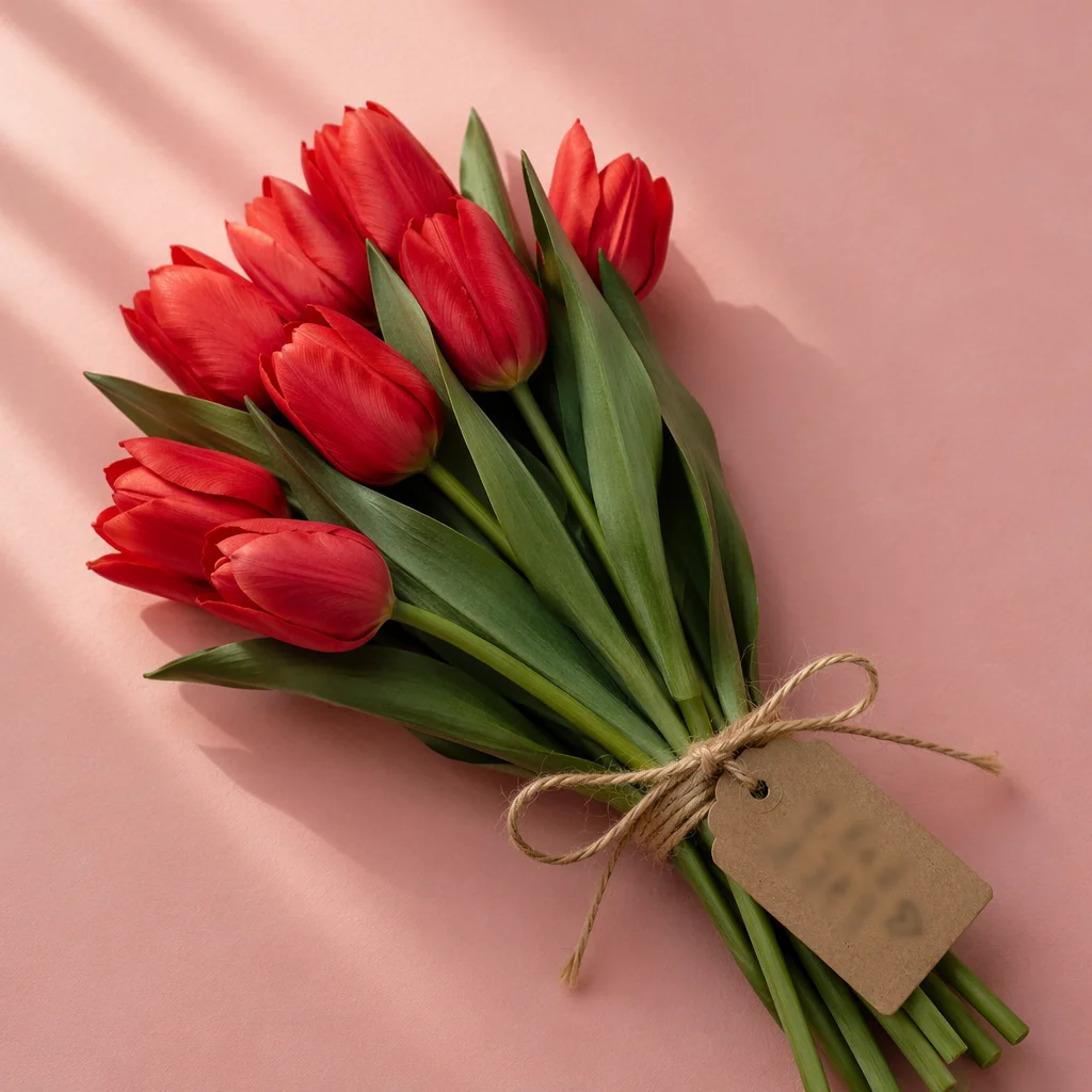 Red Tulip Mothers Day Bouquet Flat Lay