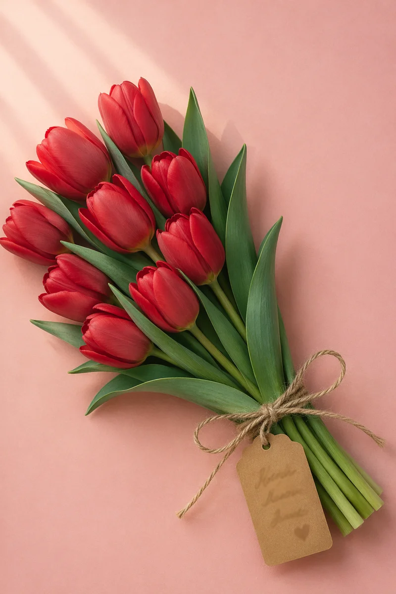 Red Tulip Mother’s Day Bouquet Flat Lay