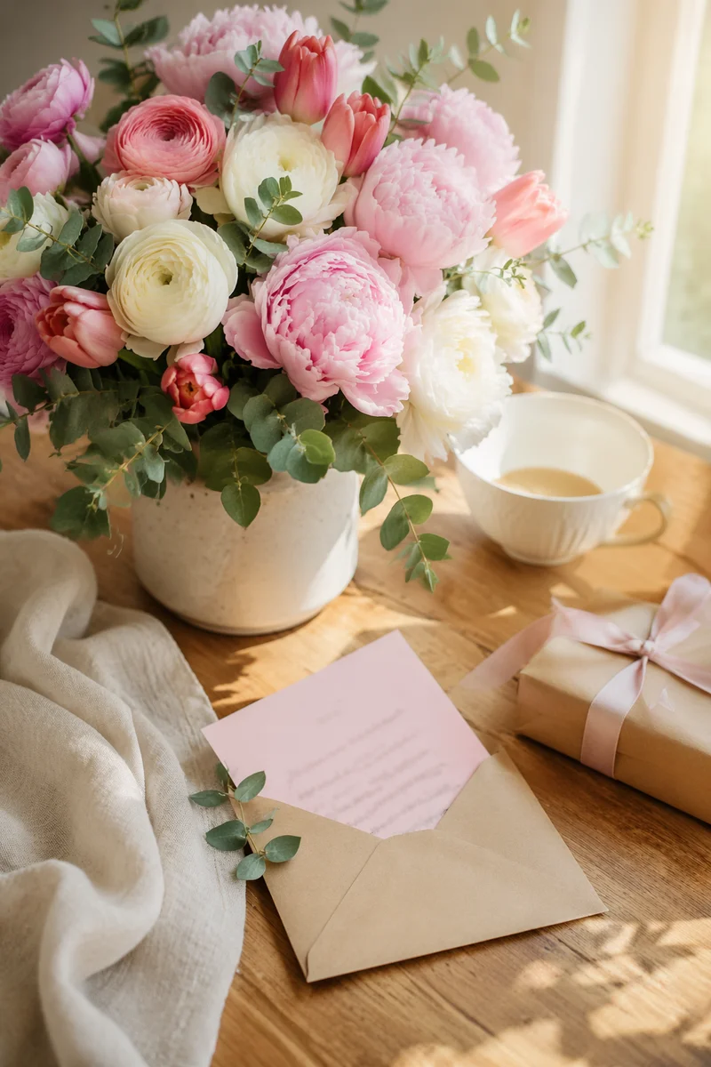 Mothers Day Bouquet and Gift Card Table