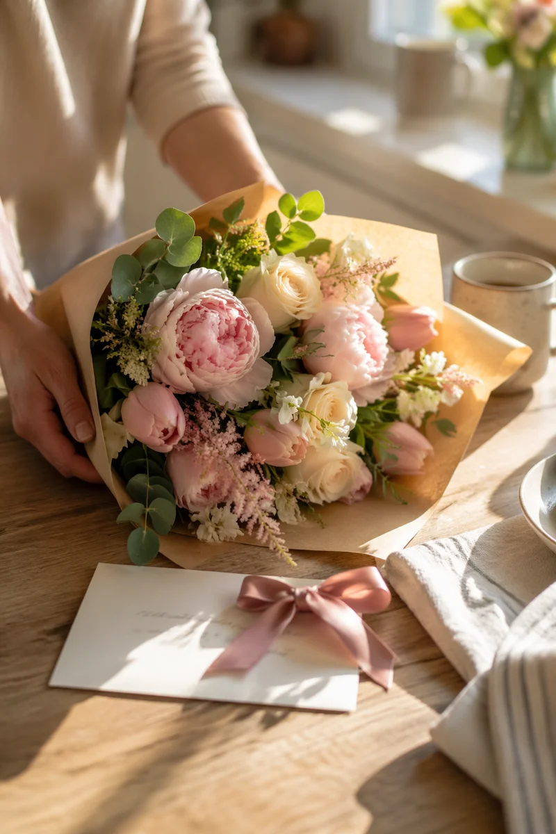 Mothers Day Bouquet on Sunlit Breakfast Table