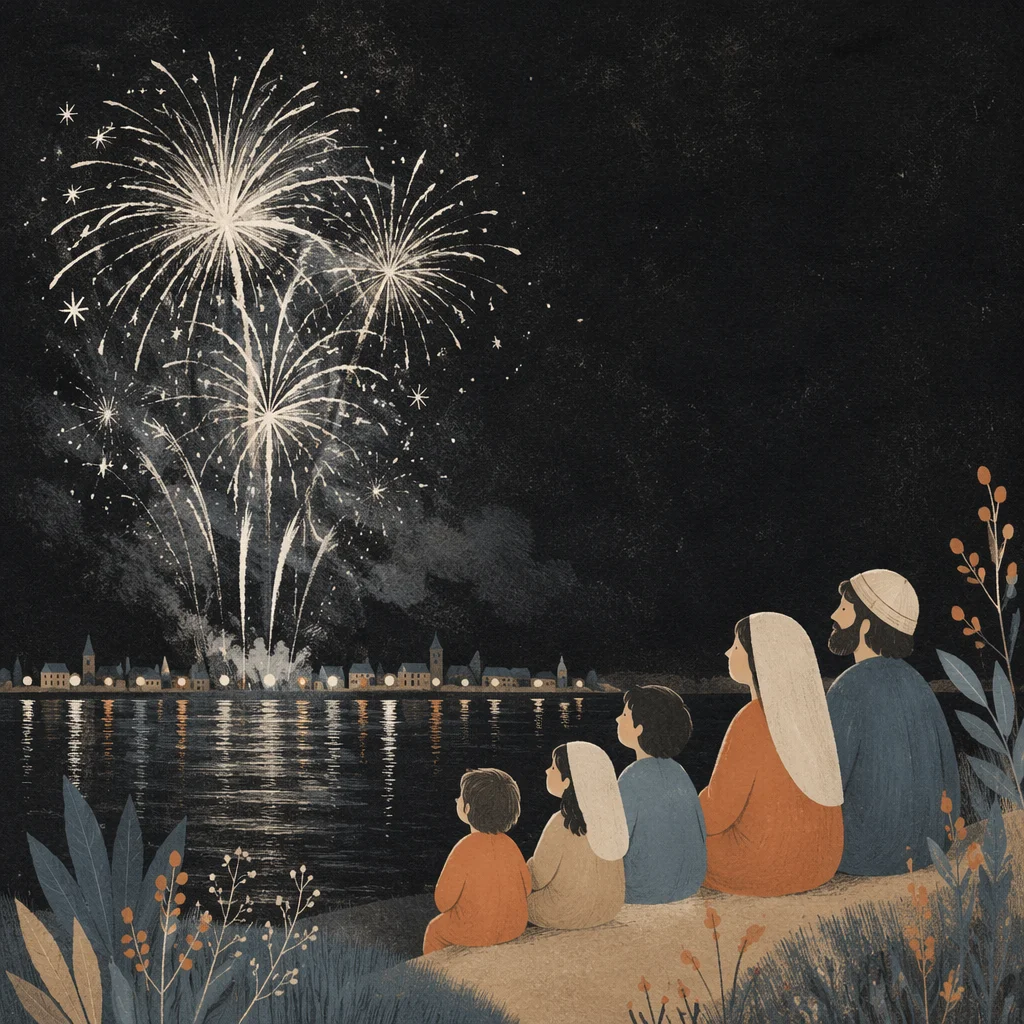Midnight New Year Fireworks Over Quiet Waterfront