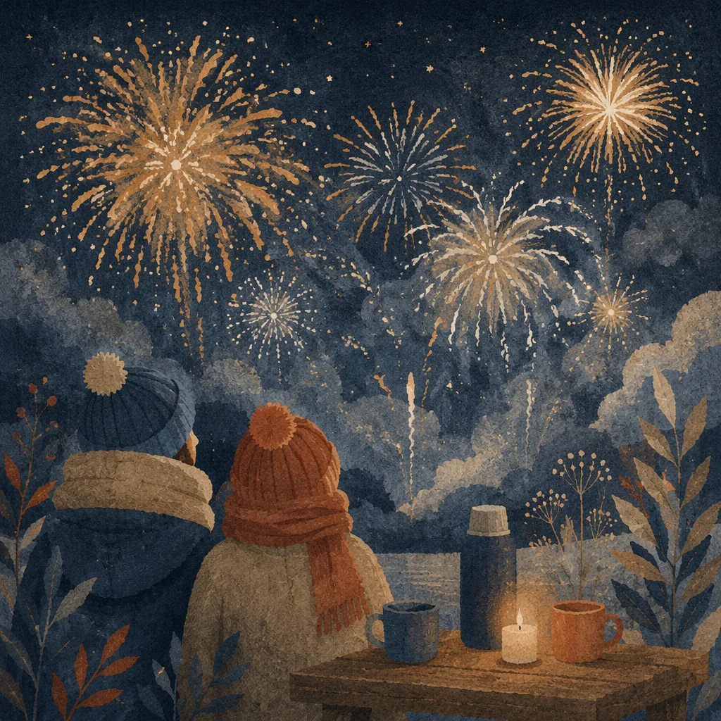 Peaceful New Year Fireworks Over Rooftops