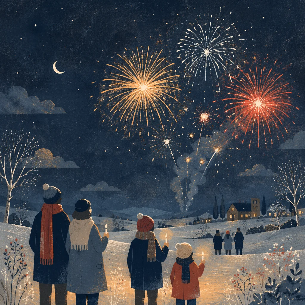 Peaceful New Year Fireworks Under Winter Sky