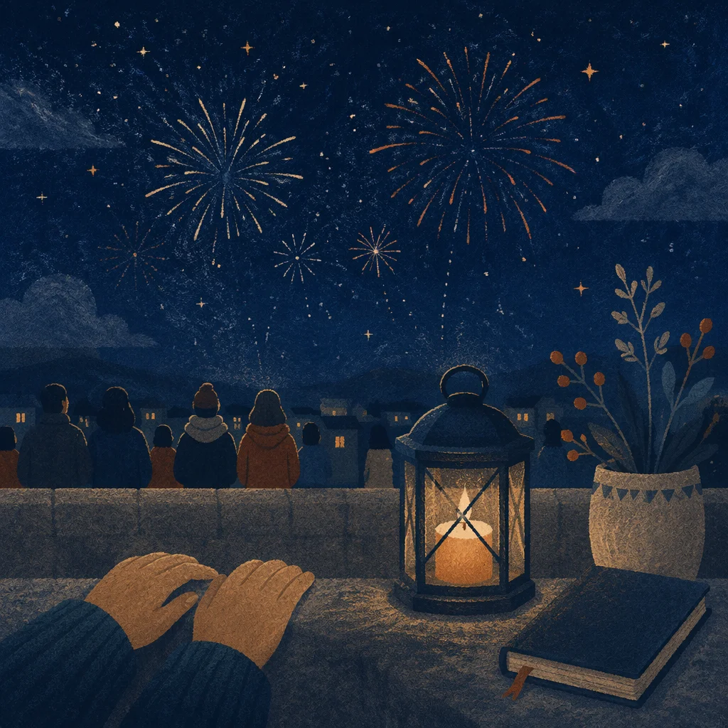 Prayerful New Year Fireworks Over Rooftop