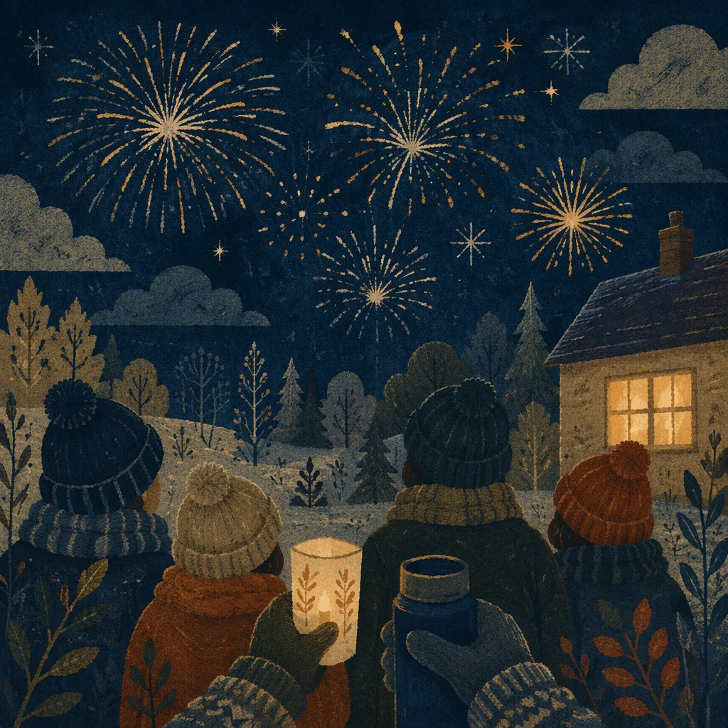 New Year Fireworks Over Snowy Hillside
