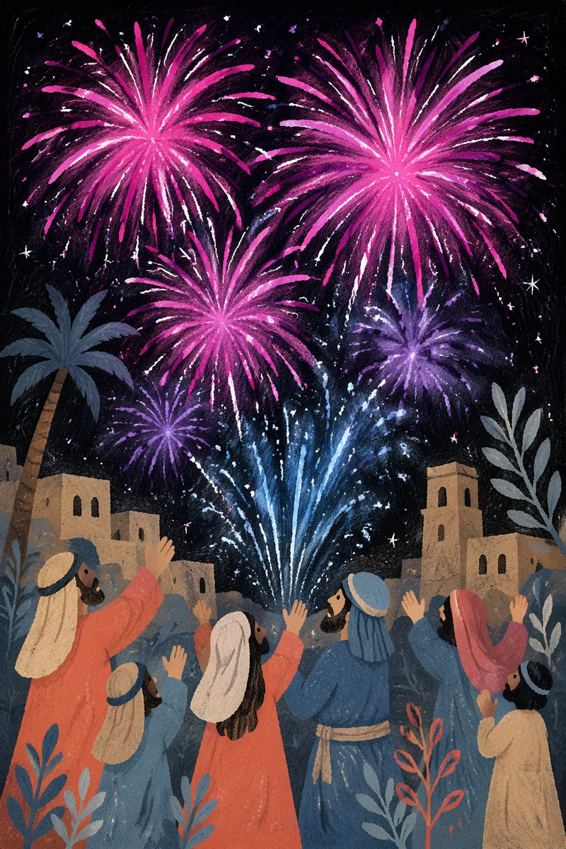 New Year Midnight Fireworks in Neon Sky