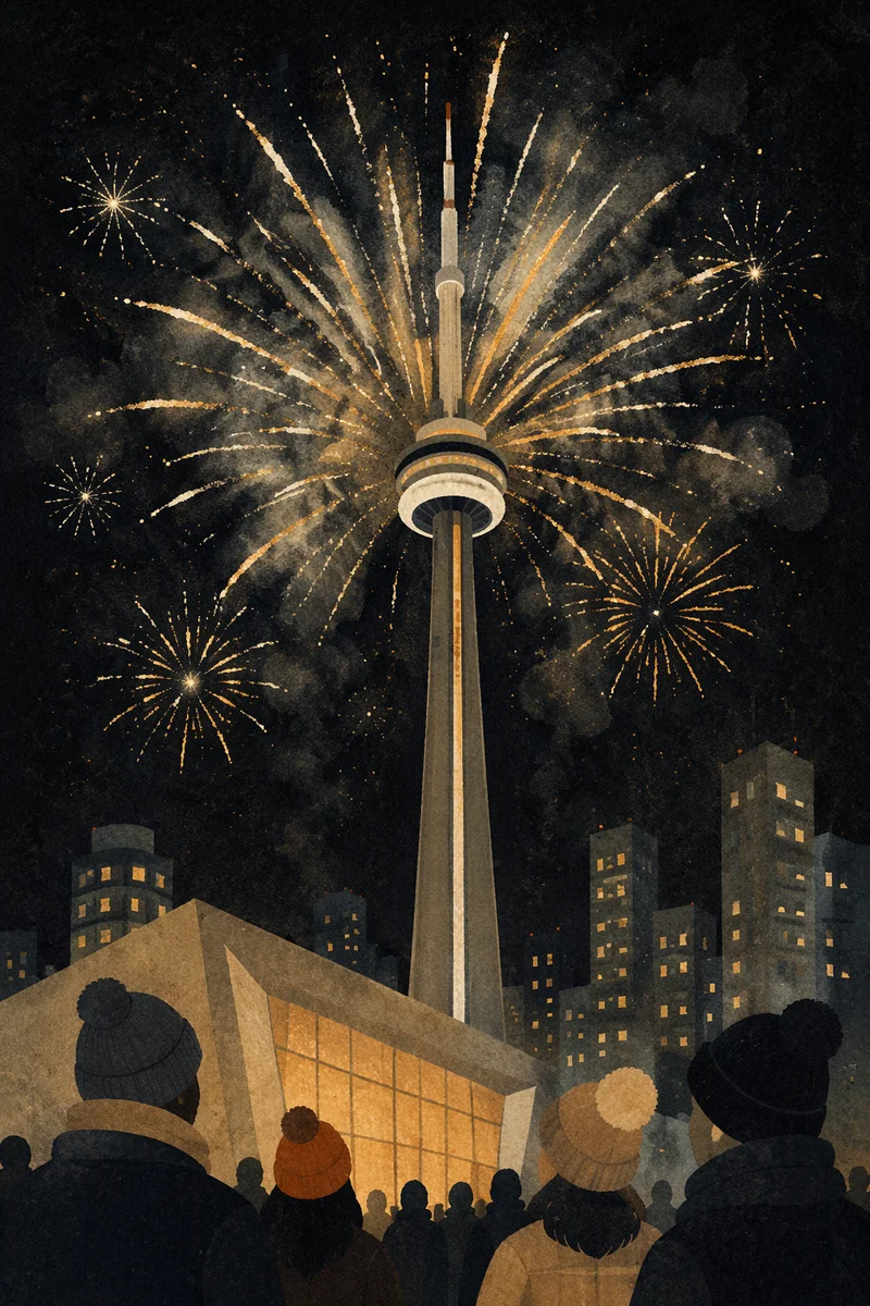 Midnight New Year Fireworks Over City Tower