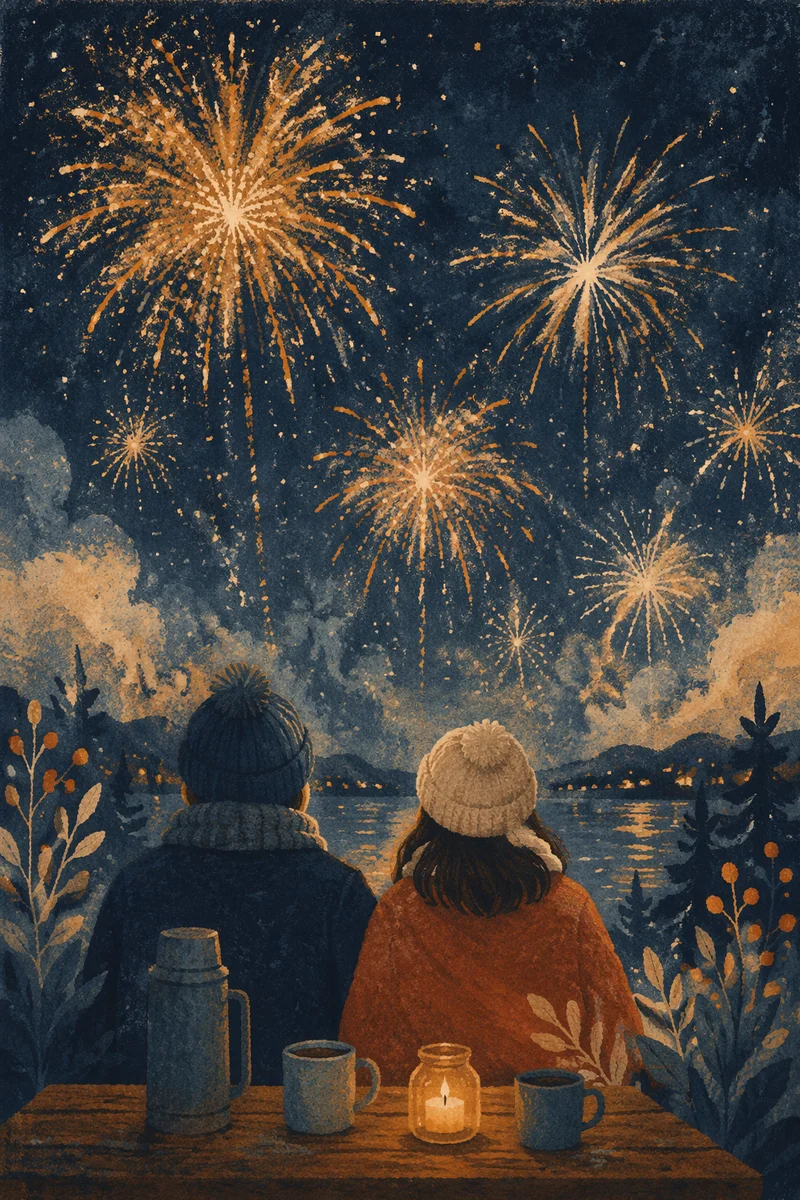 Peaceful New Year Fireworks Over Rooftops