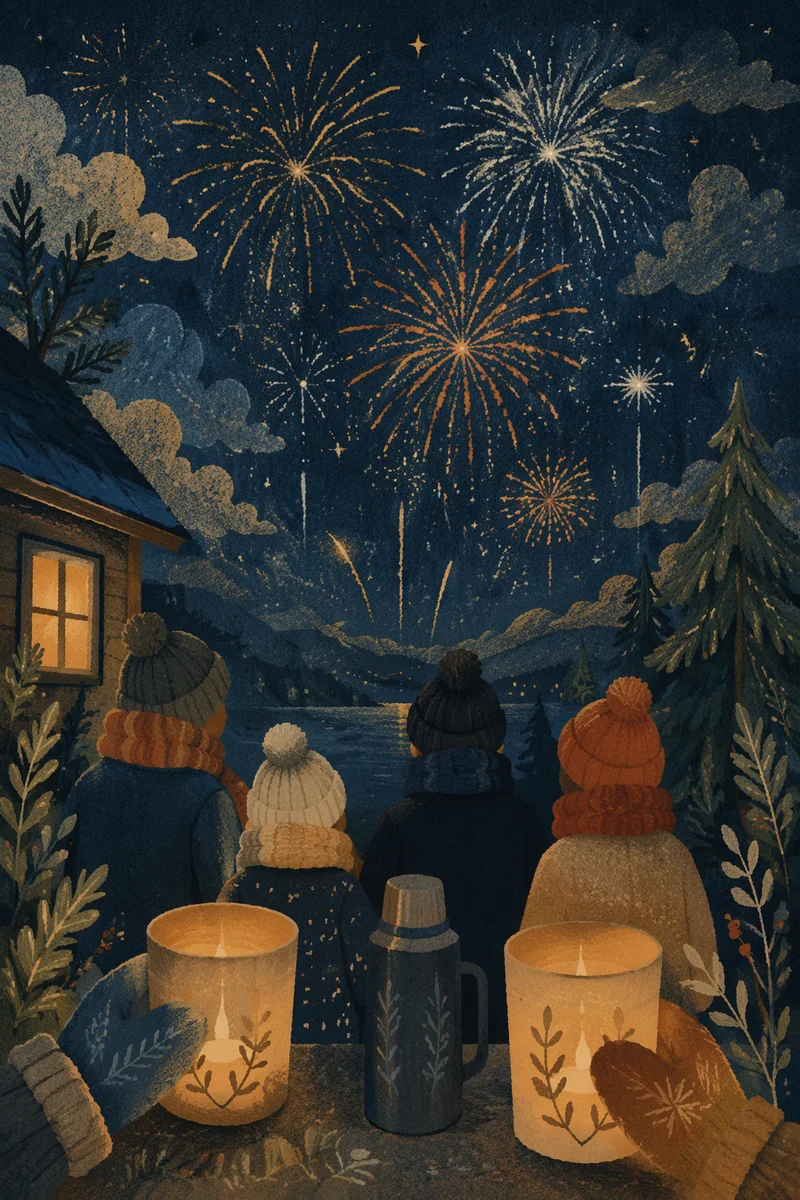 New Year Fireworks Over Snowy Hillside