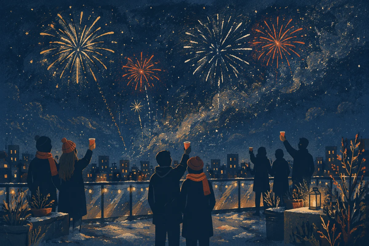 Midnight New Year Fireworks Over Rooftop Sky
