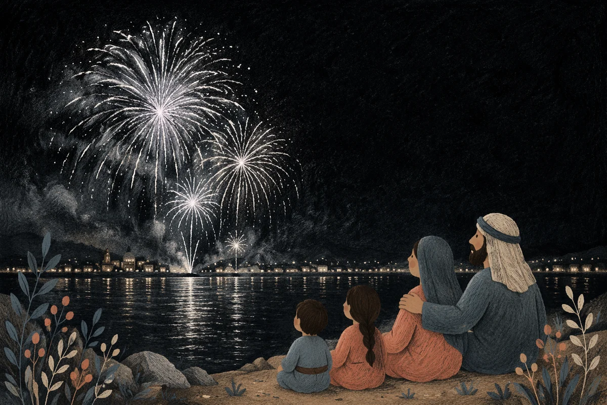 Midnight Fireworks Over Peaceful Waterfront