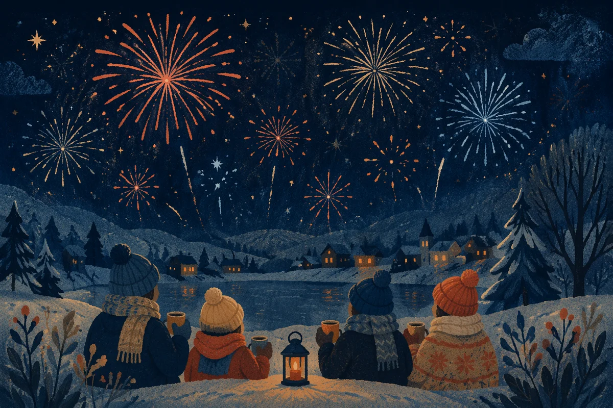 Peaceful New Year Fireworks Over Snowy Town