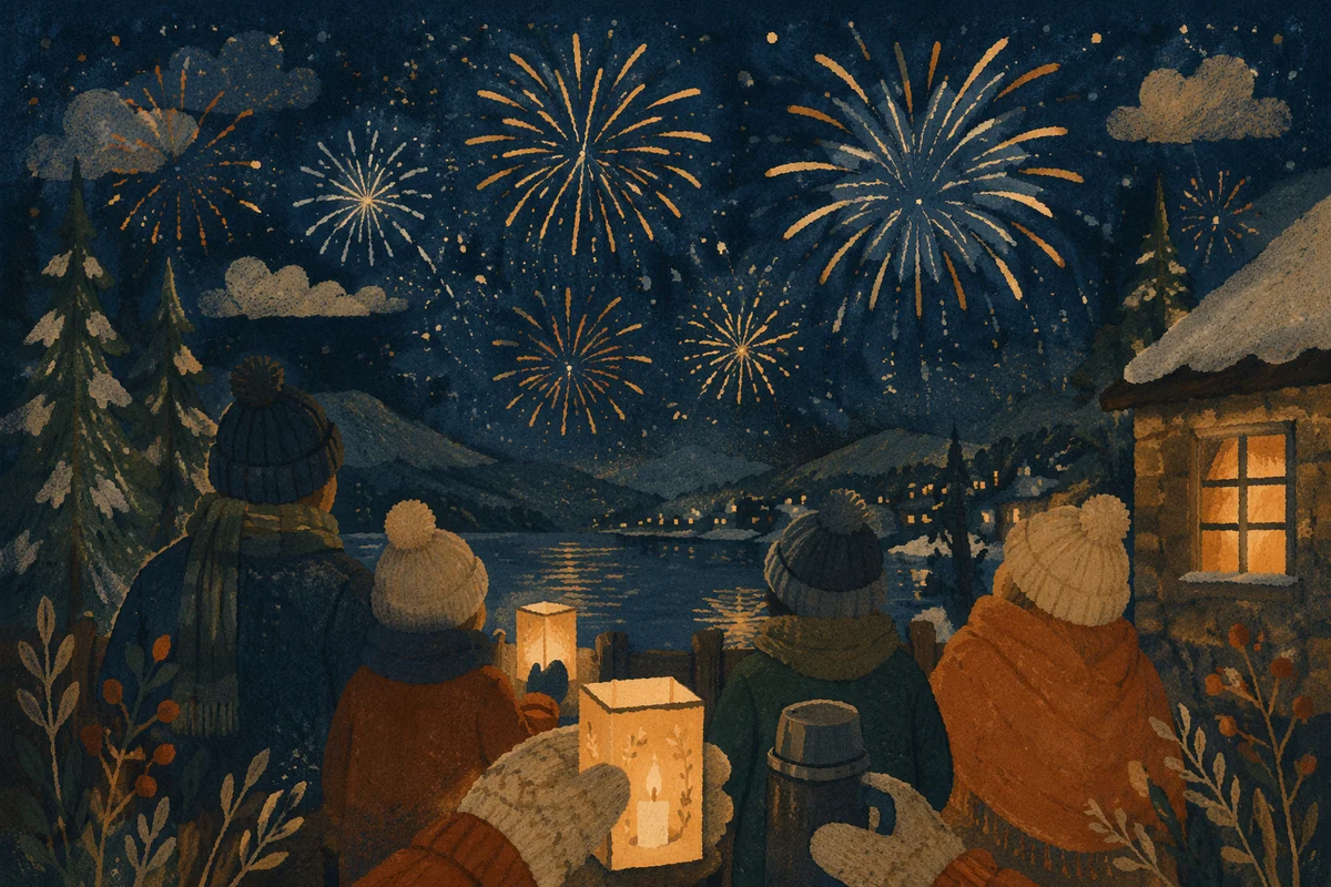 New Year Fireworks Over Snowy Hillside