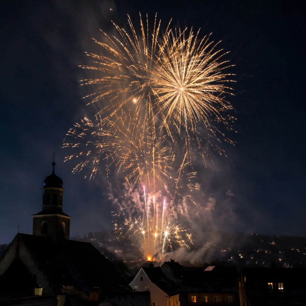 New Year Fireworks Over Small Town Skyline