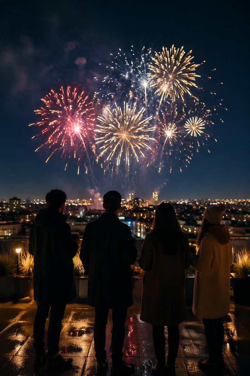 Midnight New Year Fireworks Over City Skyline
