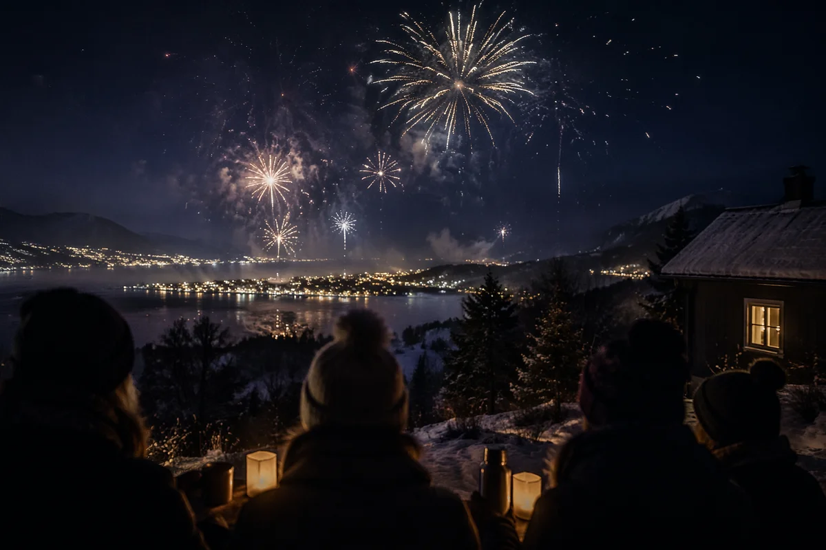 New Year Fireworks Over Snowy Hillside
