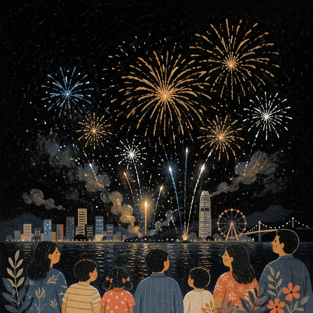 New Year Fireworks Over Waterfront Skyline